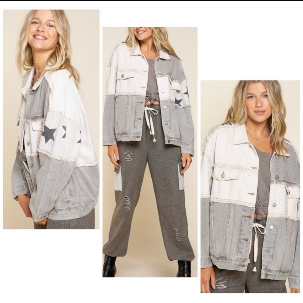 POL-Grey Denim Oversized Fit Star Jean Jacket